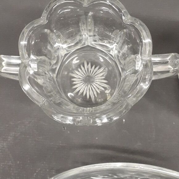 3 pc etched floral crystal sugar/creamer, & sm. dish with bottom star design - Picture 3 of 13